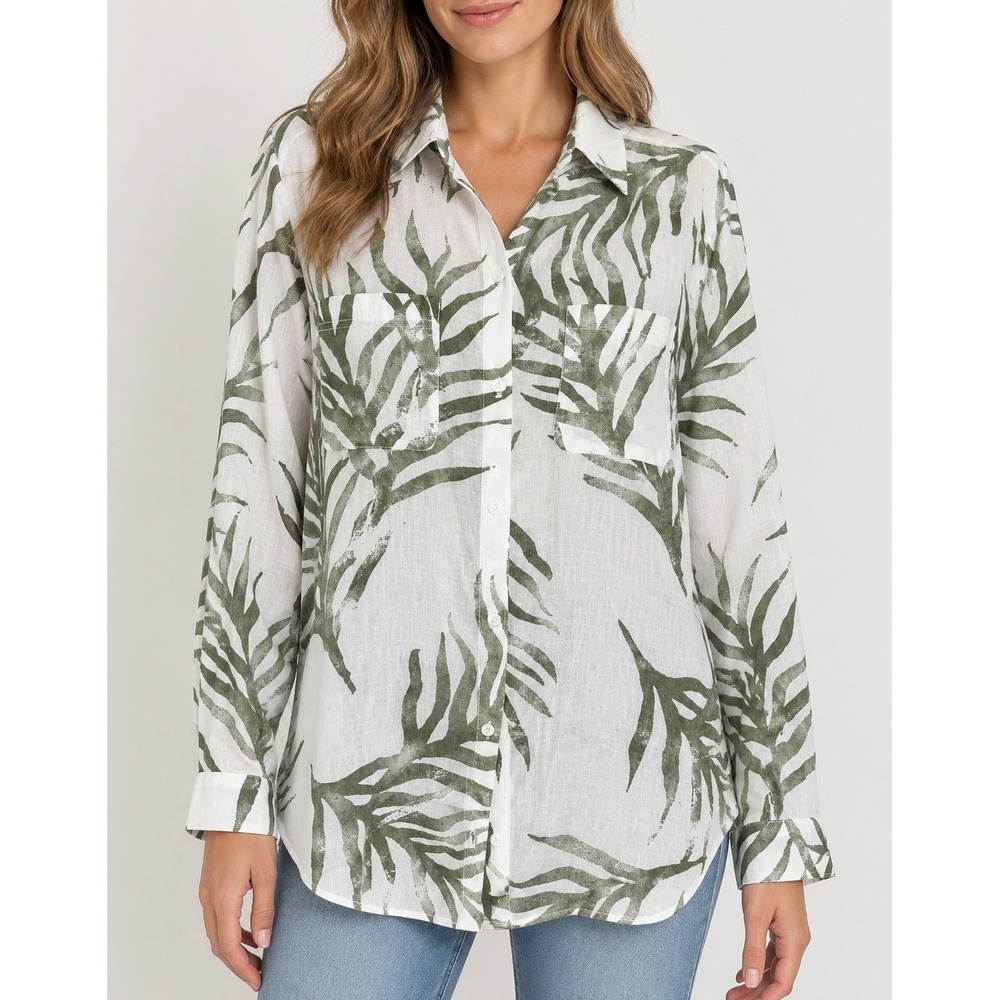 Charter Club Luxury Shirt Top Linen Tropical Button Down White Green Large